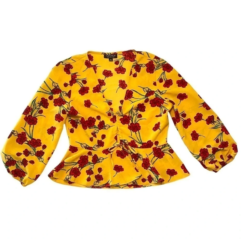 Topshop Yellow Button and Tie-front Floral Print Blouse - Size 2 - Picture 2 of 6